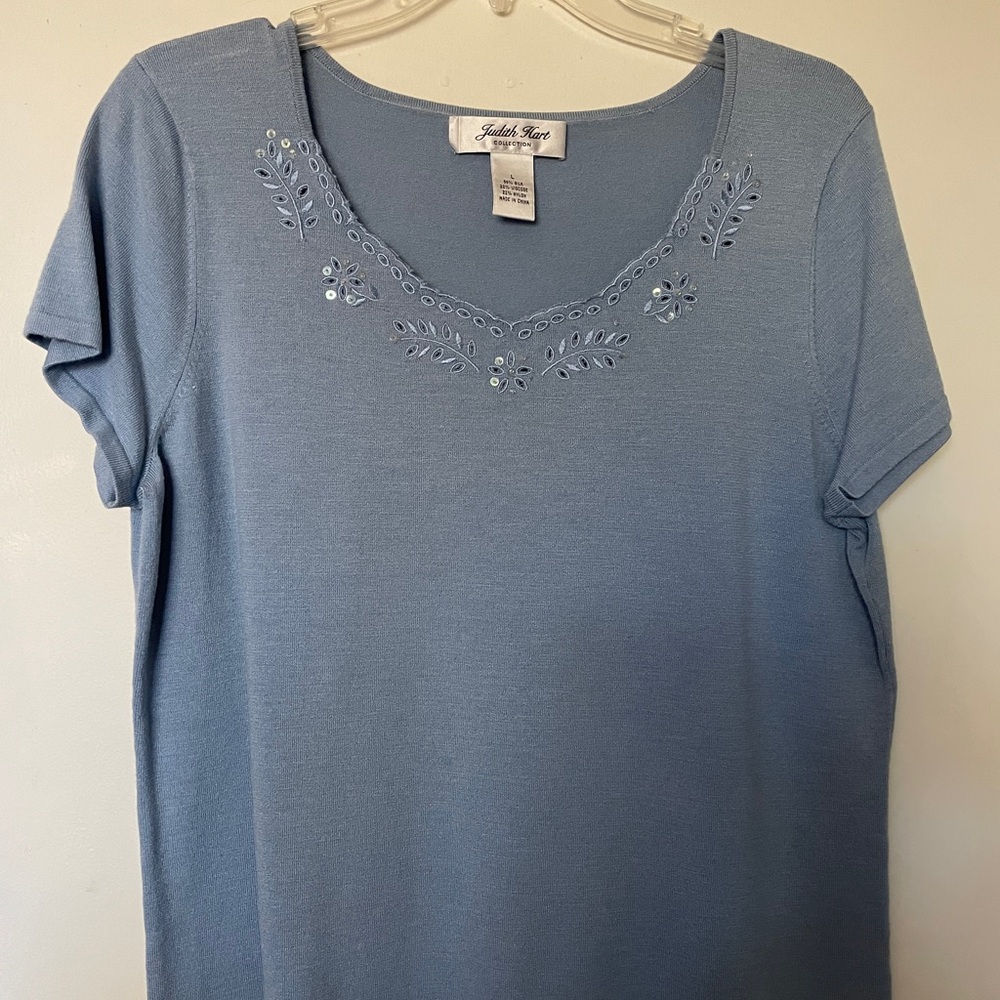 Vintage Judith Hart Collection Blue Knit Short Sleeve Top Size L